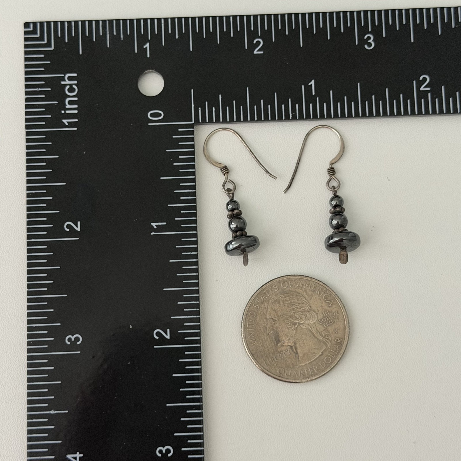 Vintage 925 Sterling Silver Hematite Bead Ball Dangle Earrings