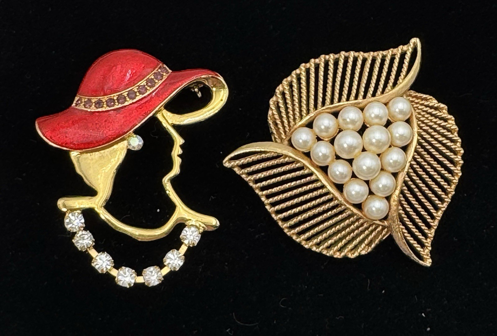 Gold Tone Lady Red Hat Enamel Pin And Gold Tone Faux Pearl Brooch Lot of 2