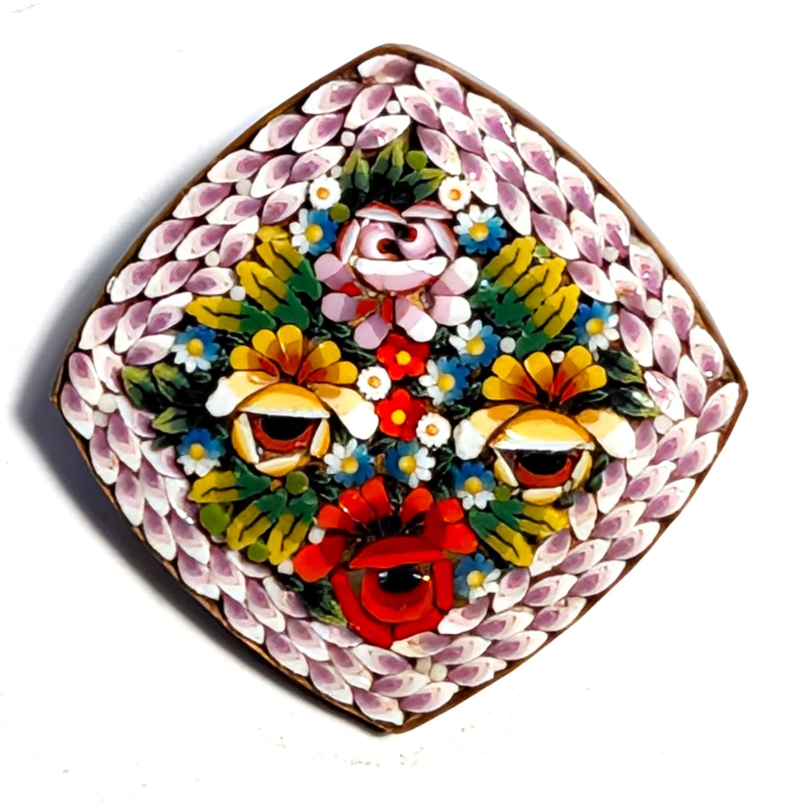 Vintage Italian Micromosaic Diamond-Lozenge Brooch Split-Level Smalti-Glass