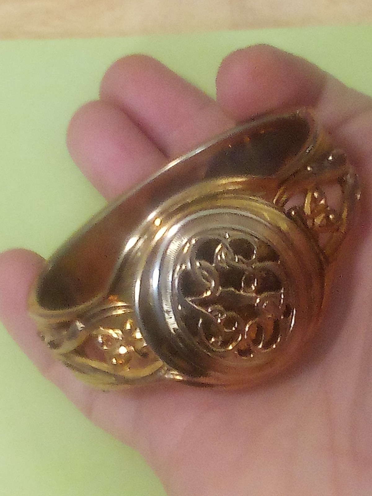 Stellar vintage gold-filled ornate filigree cuff hinge open locket bracelet