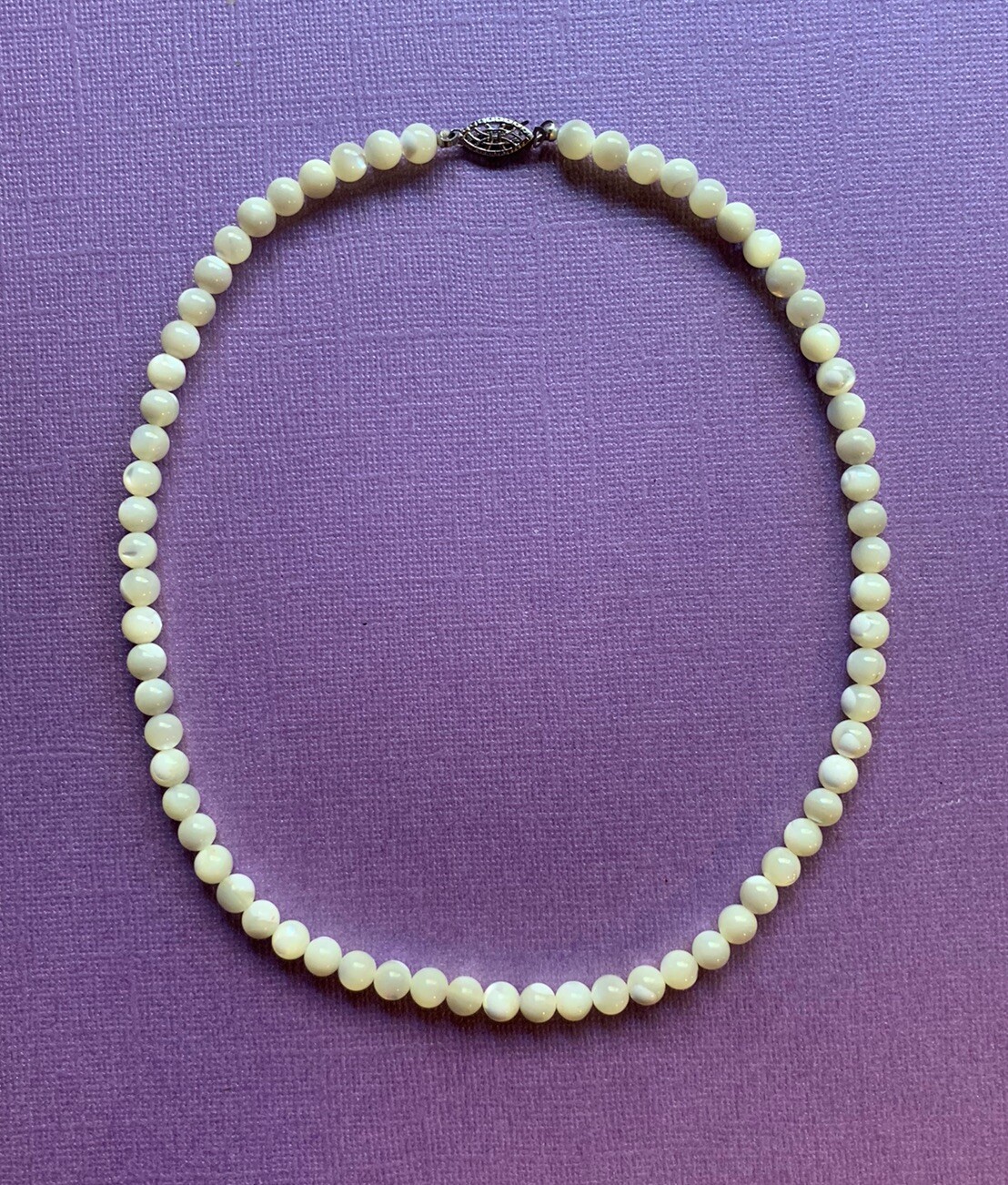 Vintage Mother of Pearl Round Bead Sterling Silver Fish Hook Clasp Necklace