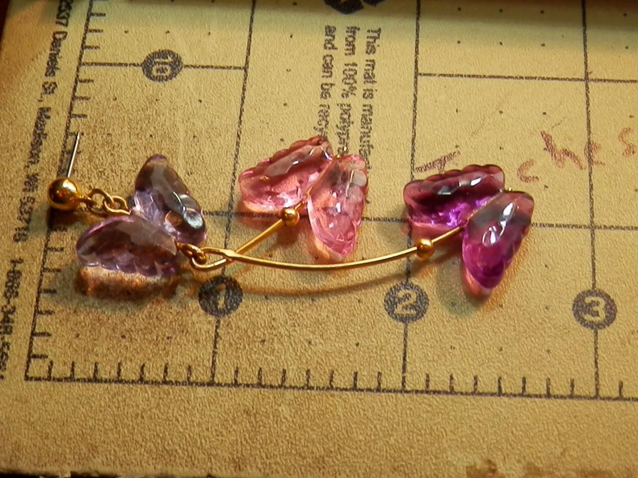 Vintage 80’s Pink Purple Dangle Lucite CUTE Butterfly Pierced Earrings 747n1