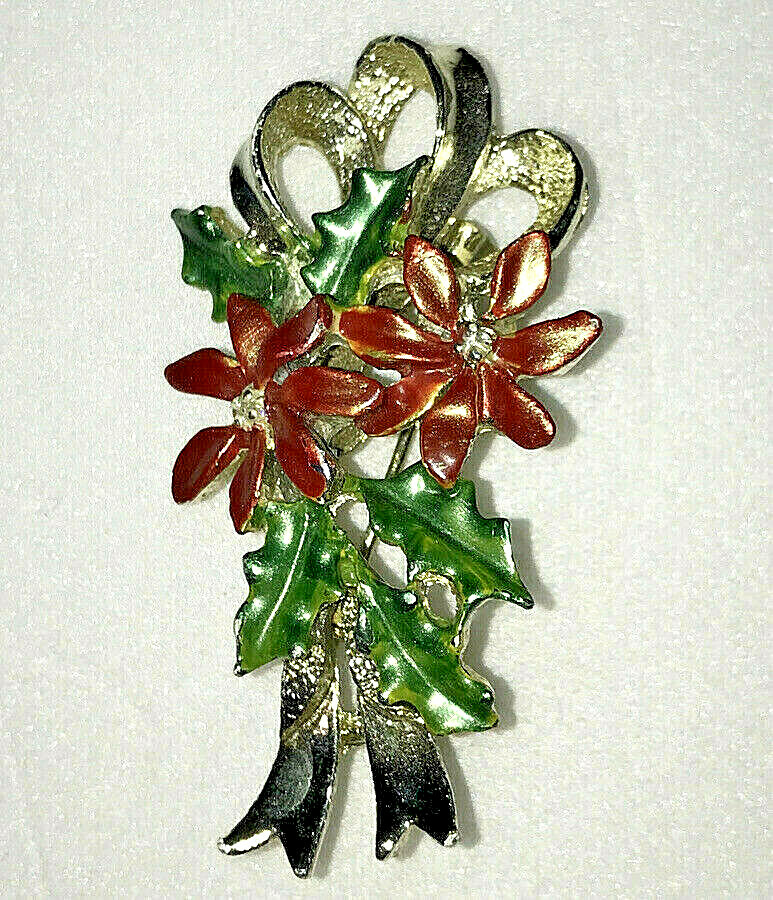 Christmas Ribbon Hollie Ivory Vintage Brooch Pin Gerrys Slver Red Green Jewlery