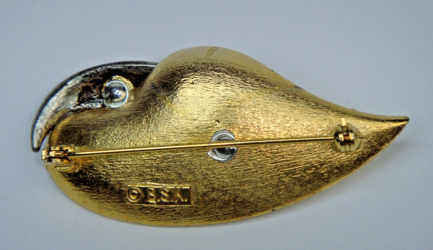 Leaf Pin-Brooch Brushed Yellow Gold-Tone with Crystal Rhinestones Signed B.S.K.