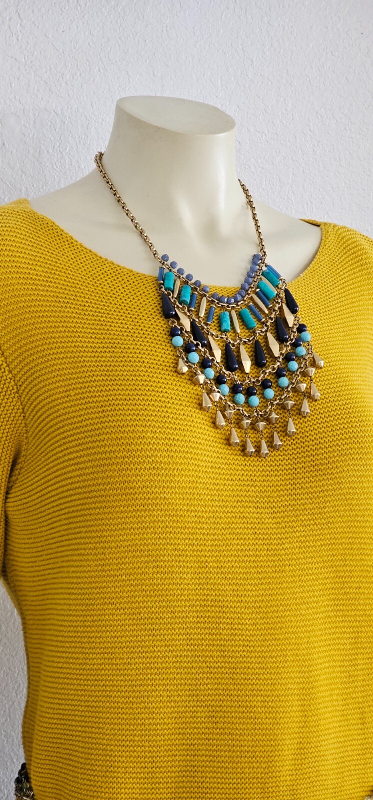 STELLA & DOT necklace gold tone chain gold black aqua stones & beads 14”