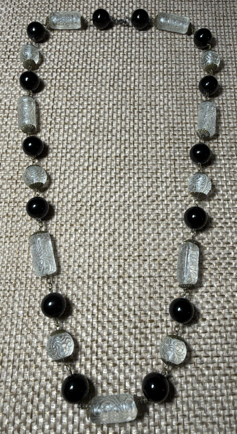 Vtg Molded Pressed Glass Bead Necklace Embossed Floral Art Deco Black Clear