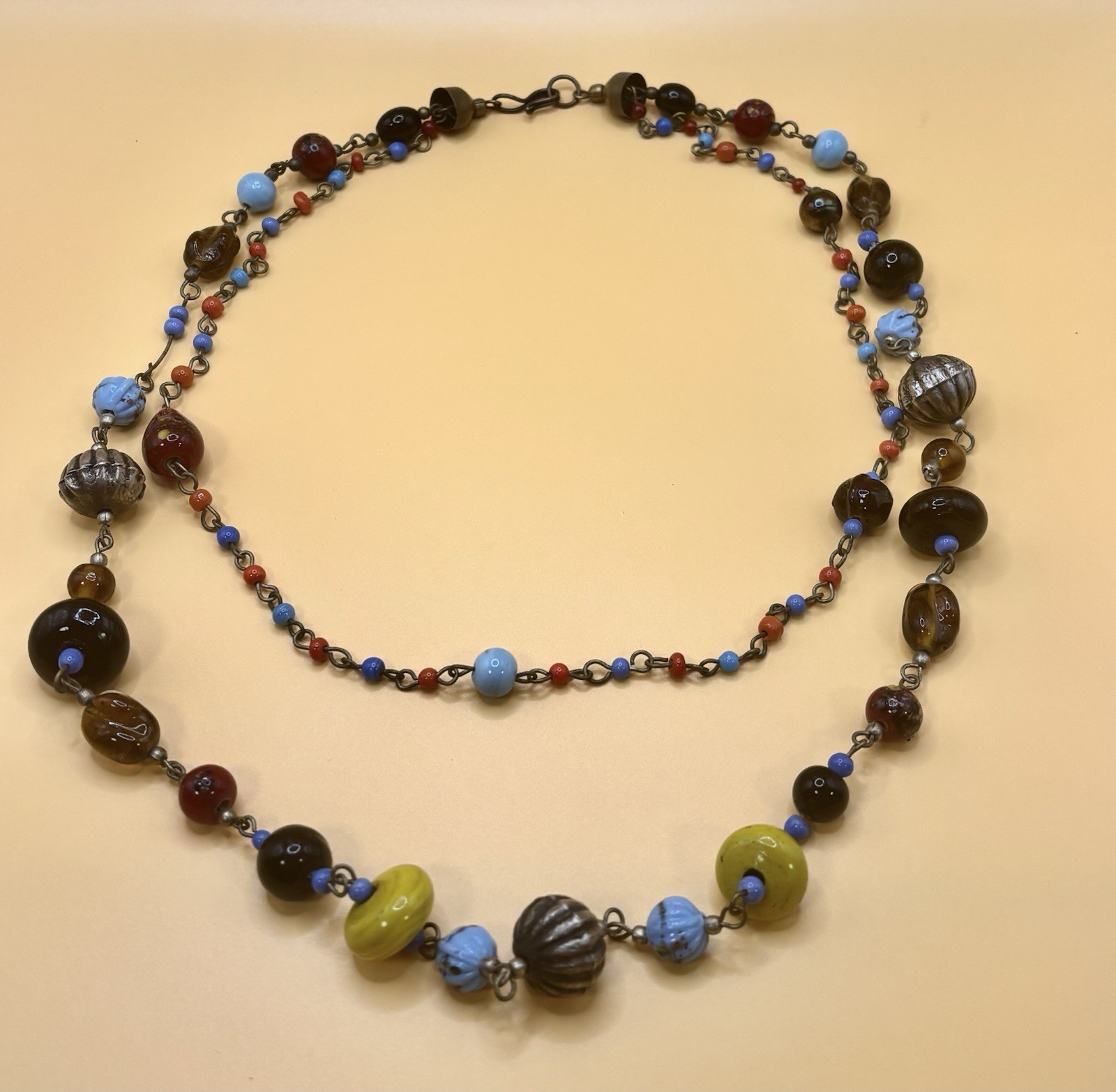 Czech Style Art Glass Necklace Double Strand Boho Lampwork Beaded Blue Yellow