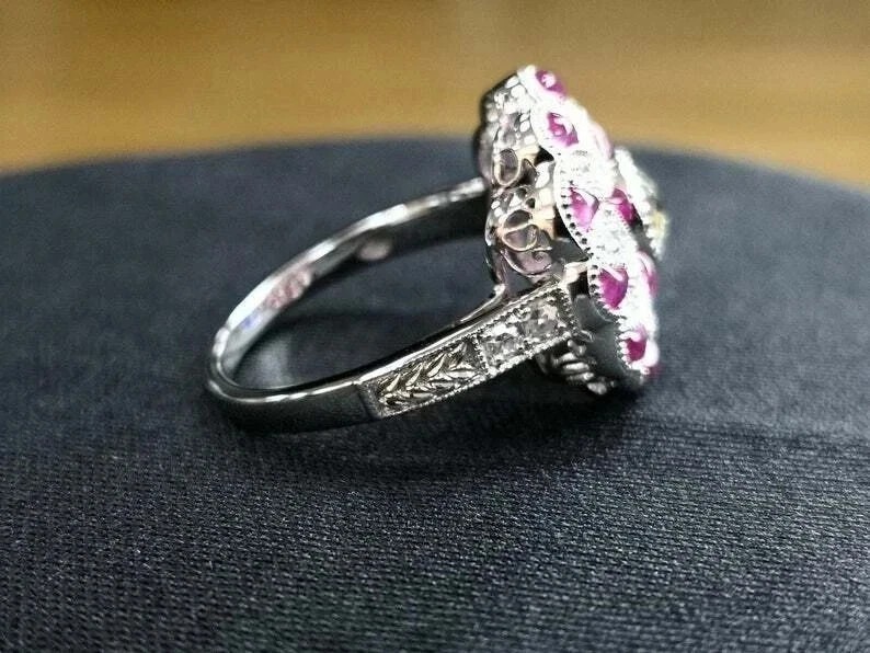 Floral Art Deco Style Round Lab Created Diamond14K White Gold FN Engagement Ring