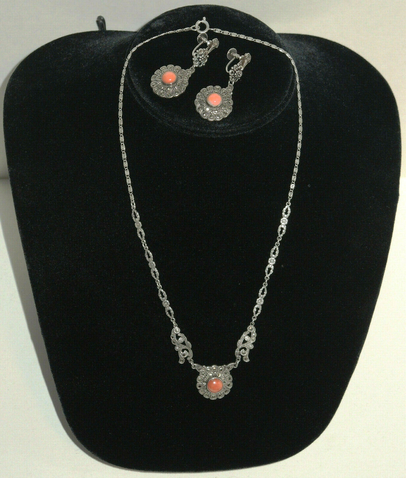 Art Deco Set Sterling Silver Germany Pendant & Earrings with Coral & Marcasites