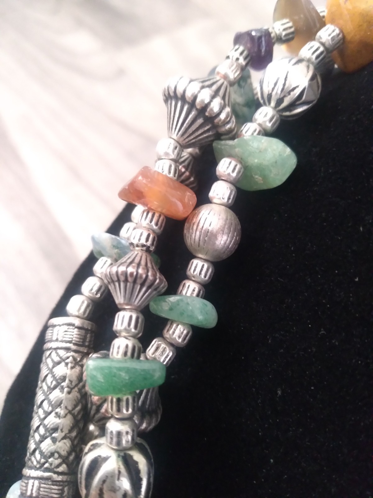 Vintage Silver Stone Necklace Beaded 3 Strand 18 inches