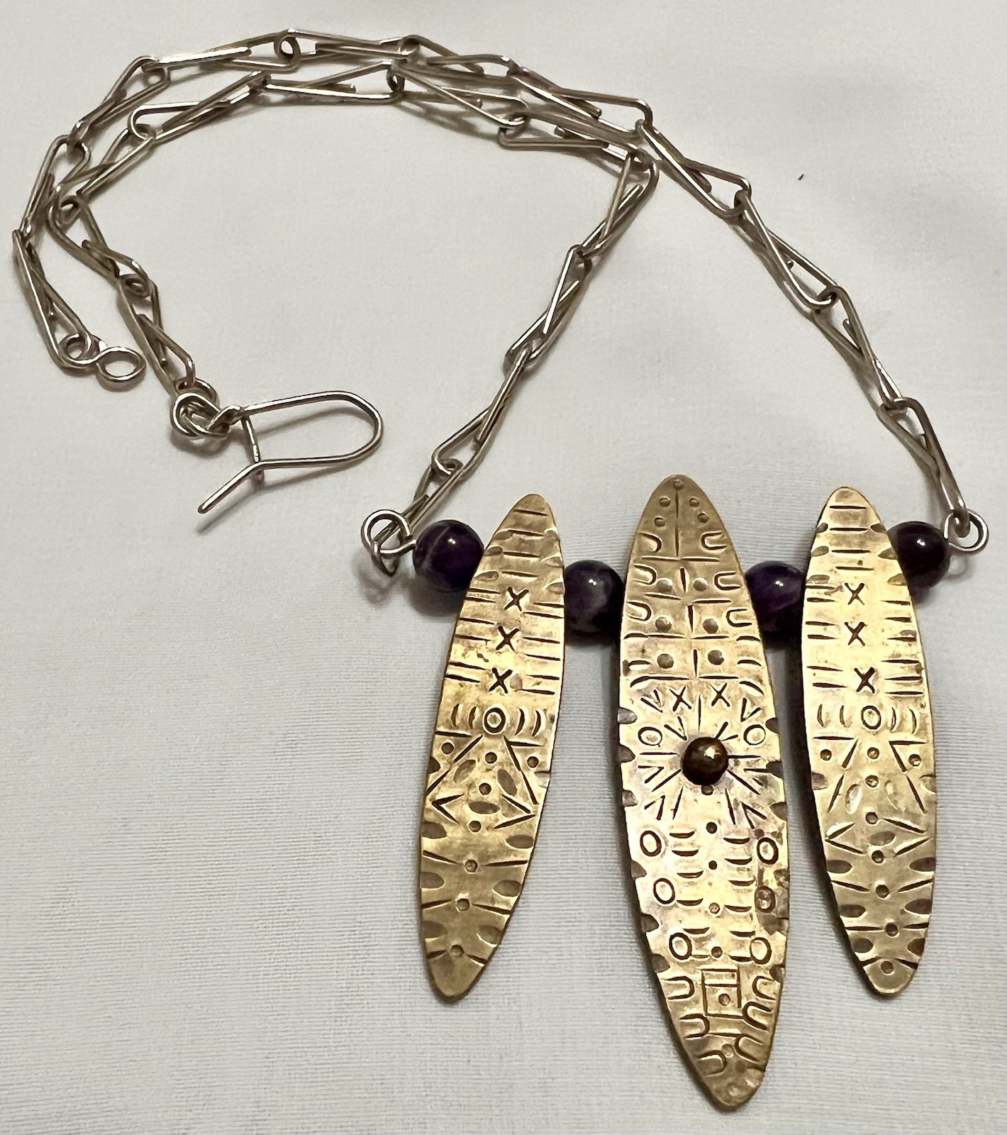 Abstract BRUTALIST Brass Metal AMETHYST BEAD PENDANT & Necklace Chain VINTAGE