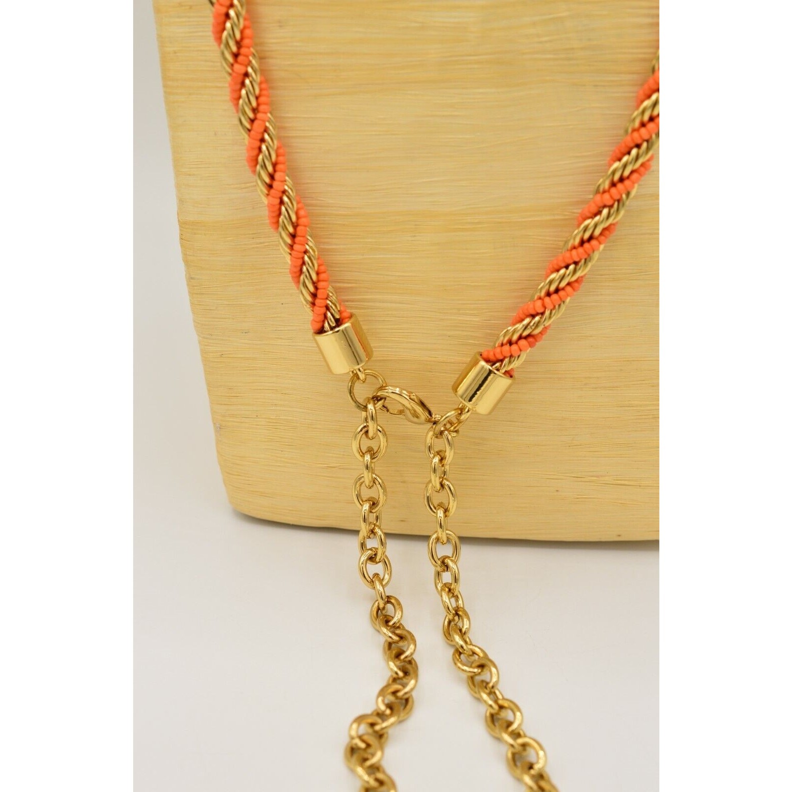 BCBG Max Azria Tassel Statement Necklace Orange Beaded Gold Chain Fringe BinN
