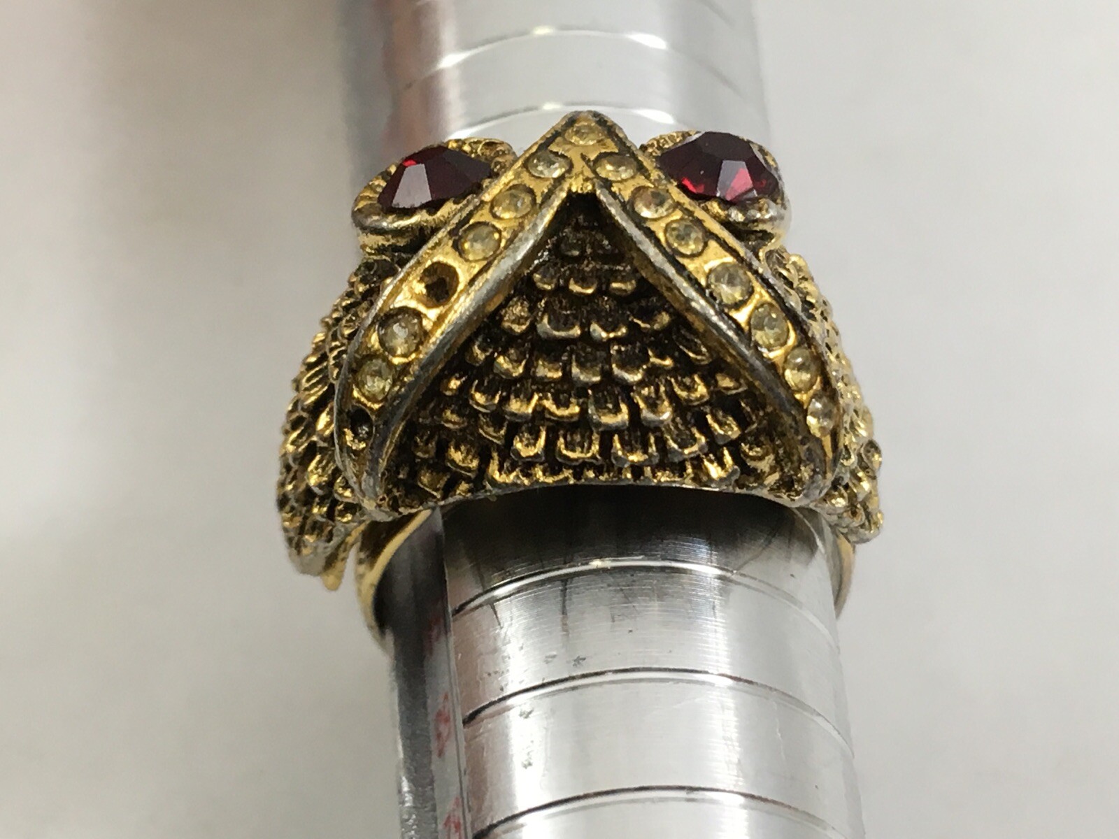 Owls Head Ring Red Eyes Golden US Size 7 17.5 MM Wrap Adjustable Vintage