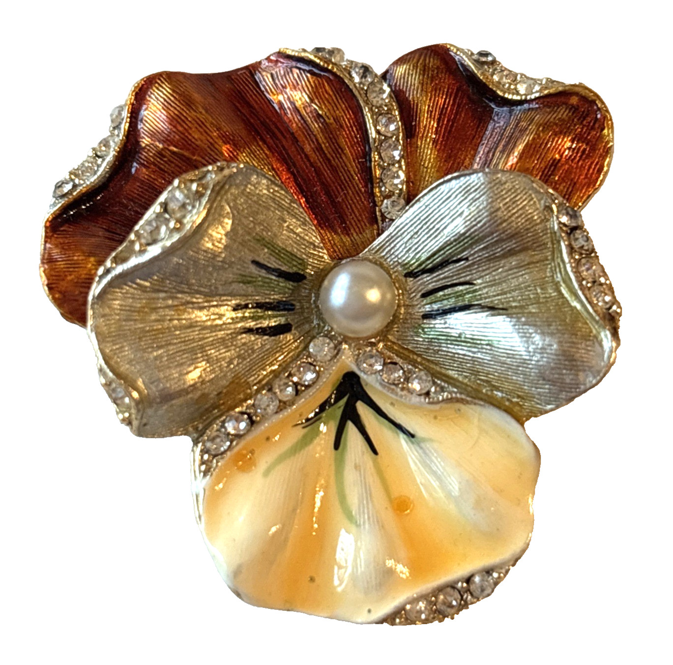 VTG Enamel Pansy Brooch Rhinestones Faux Pearl Spring Yellow Gold Tone Read