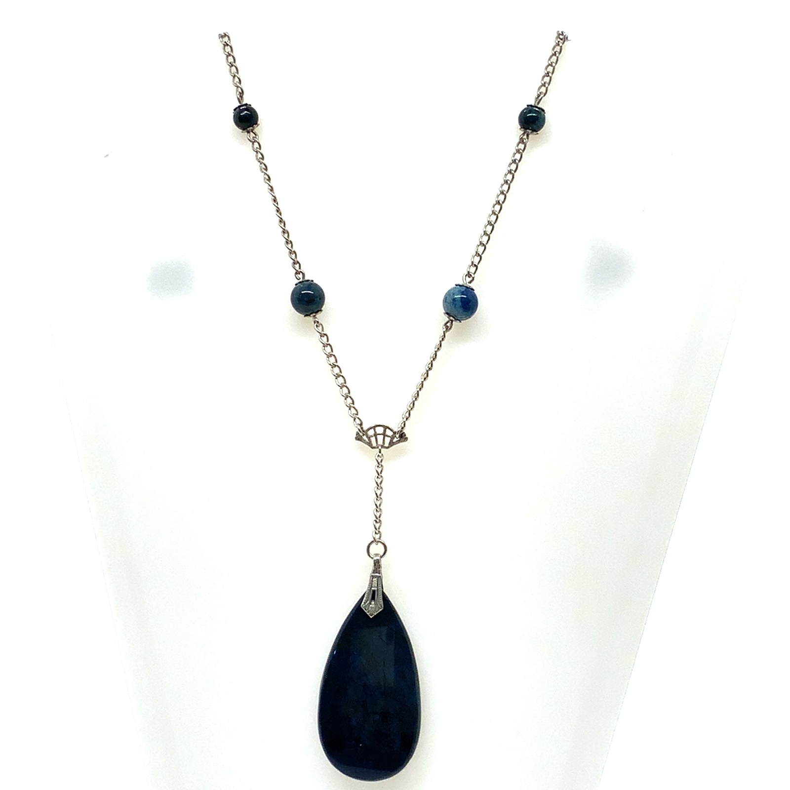 Vtg Signed Sterling Silver Lapis Lazuli Teardrop and Bead Lariat Necklace 18 3/4