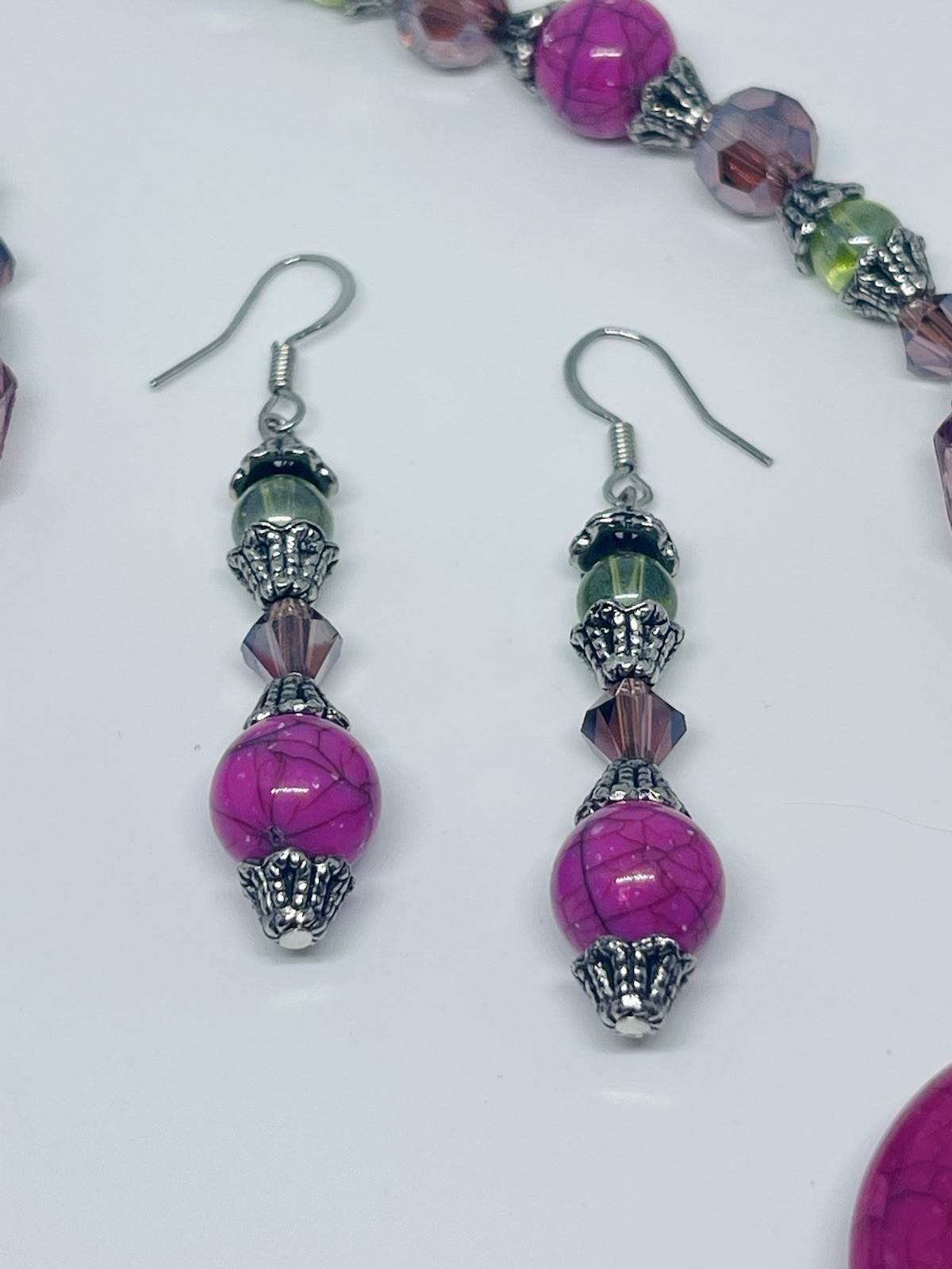 Vintage 80’s Pink And Green Glass And Crystal Bead Necklace & Earrings Set 20”