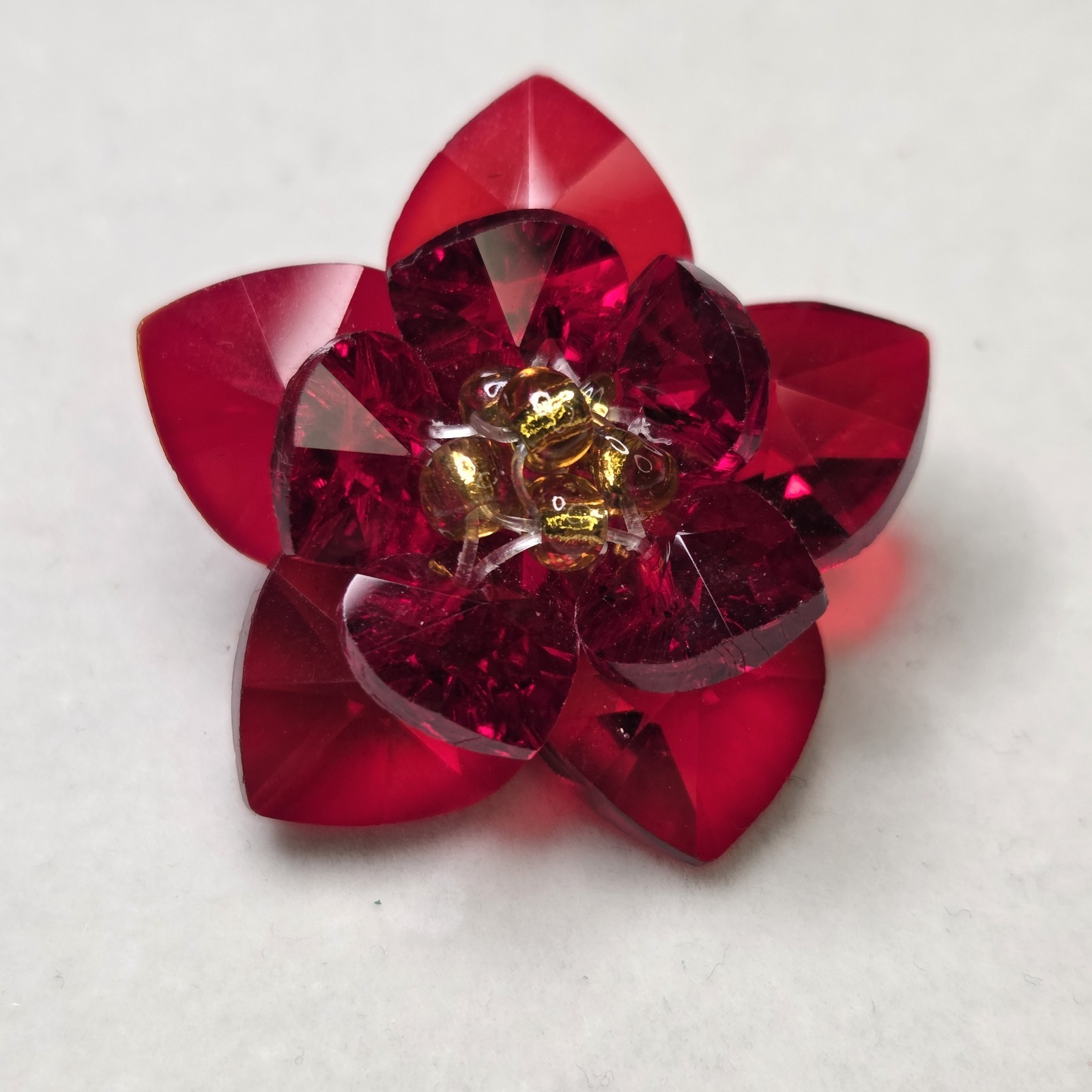 Vintage Red Glass Crystal Flower Brooch Pin Faceted 3D Mud Century Retro