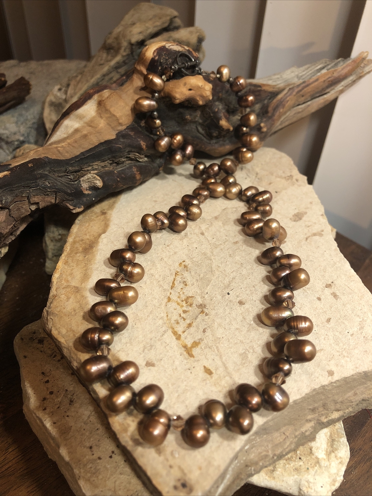 Vintage 925 Sterling Silver Root beer Pearl Bead Beaded Toggle Necklace 44g