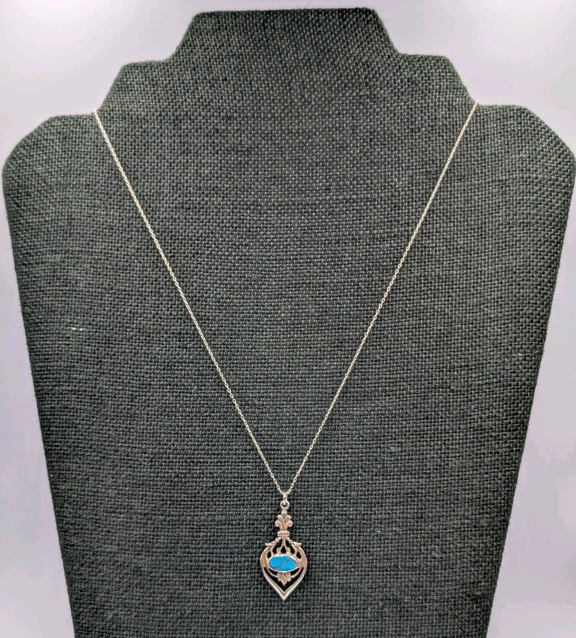 Vtg Sterling Silver Inlay Oval Turquoise Openwork Pendant 19″ Cable 925 Necklace