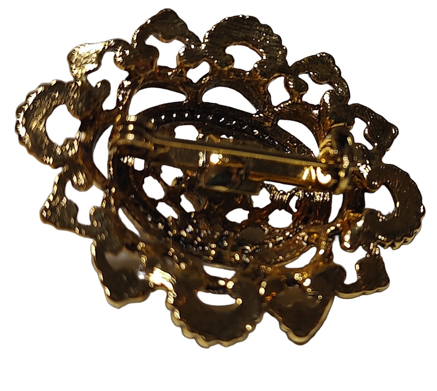 Vintage Tacoa Raised Relief Brooch Pin Faux Pearl Floral Filigree Gold Tone Oval