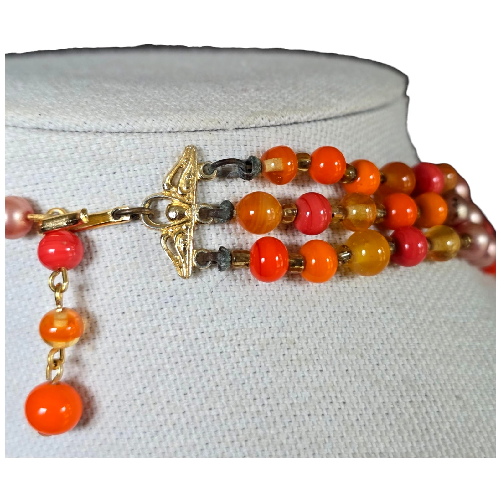 Vintage Japan 3 Multi-Strand Beaded Necklace Orange Pink Art Glass Beads