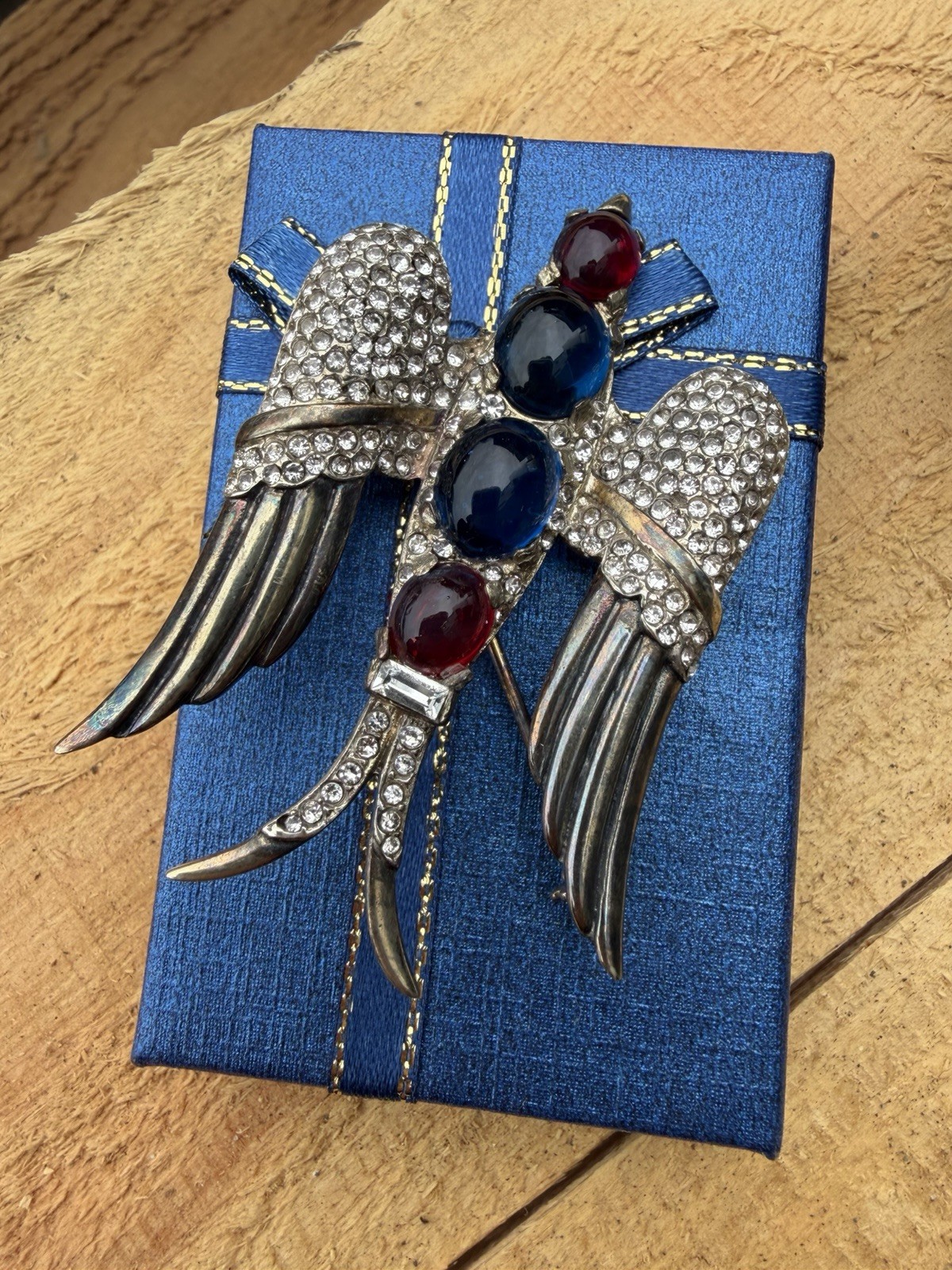 Crown Trifari Signed Huge Bird Brooch Pin Red Blue Glass Stone Rare