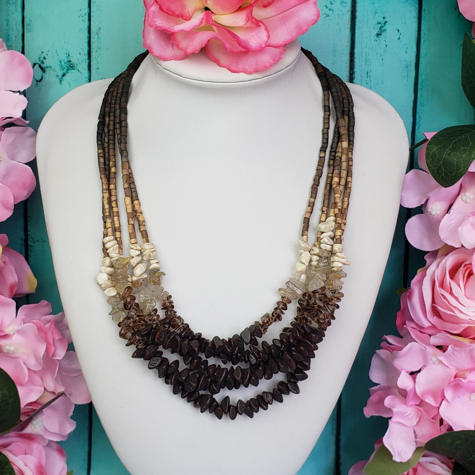 COLDWATER CREEK Quartz Stone & Wood Beaded Multi Strand Necklace Brown Boho