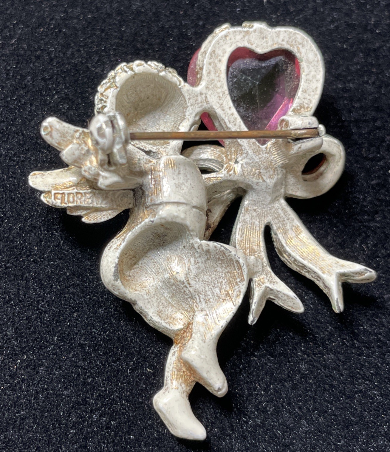 Vintage Florenza Pink Crystal Jeweled Heart white Tone Cherub Angel Pin Brooch