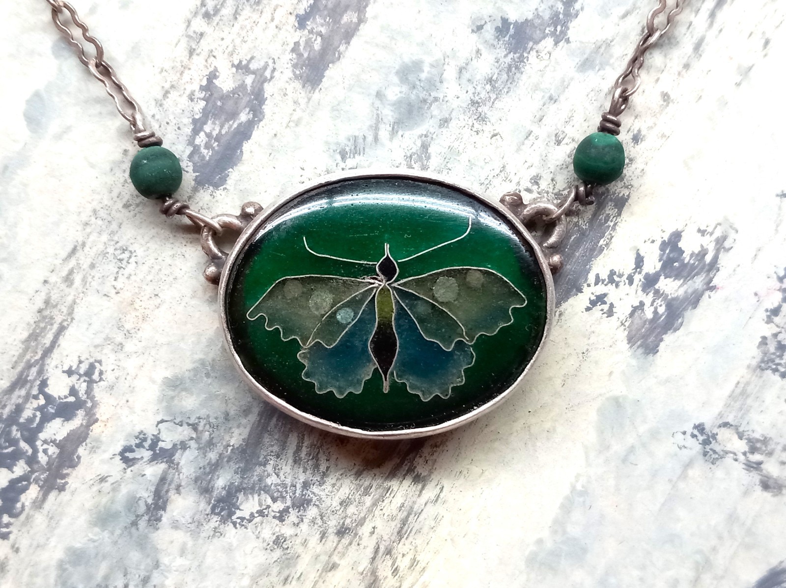 SIGNED TONI STRASSLER CLOISENNE PENDANT NECKLACE BUTTERFLY 9/1978