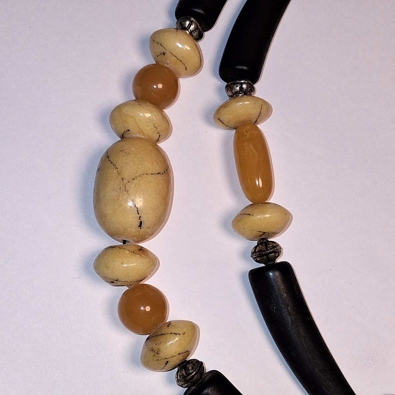 Vintage Les Bernard Double Strand Faux Horn Runway Necklace Black & Amber Resin