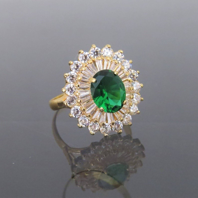 Vintage Emerald Green 2 Ct Oval Halo Cocktail Ring 935 Silver Statement Jewelry