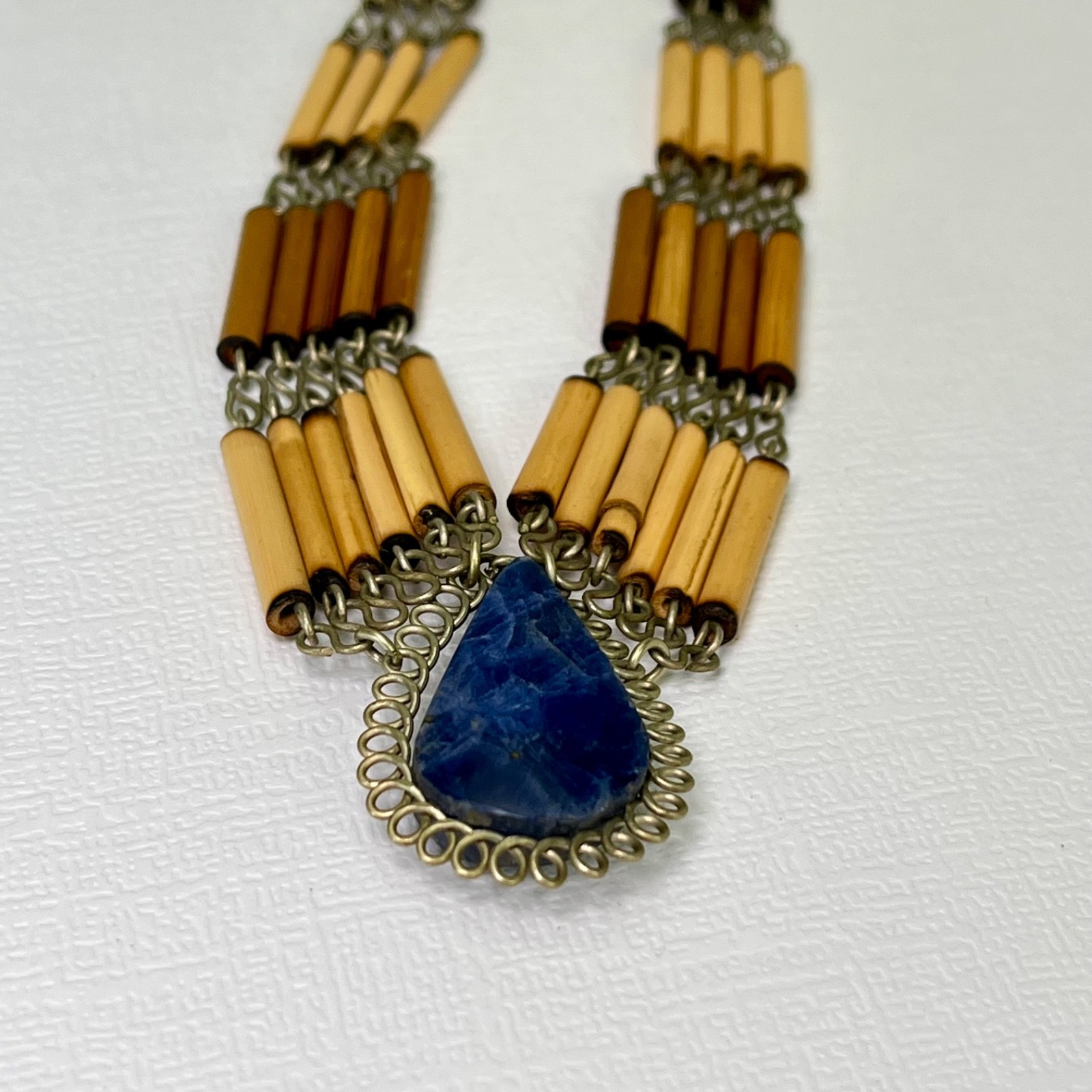 Vintage Boho Necklace Blue Stone Pendant Bamboo Bead Bib Statement 16”