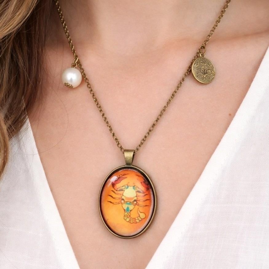 Vintage Scorpio Zodiac Necklace Orange Scorpion Cabochon Gold Tone