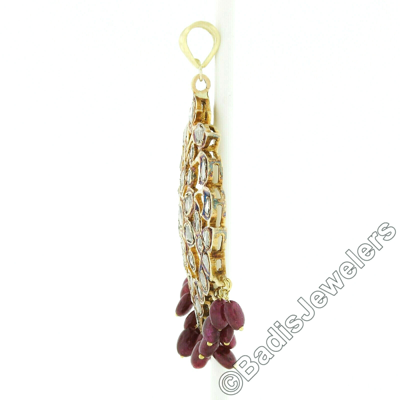 Vintage 18K Gold Rose Cut Diamond w/ Bead Ruby Drop Dangle Earring & Pendant Set