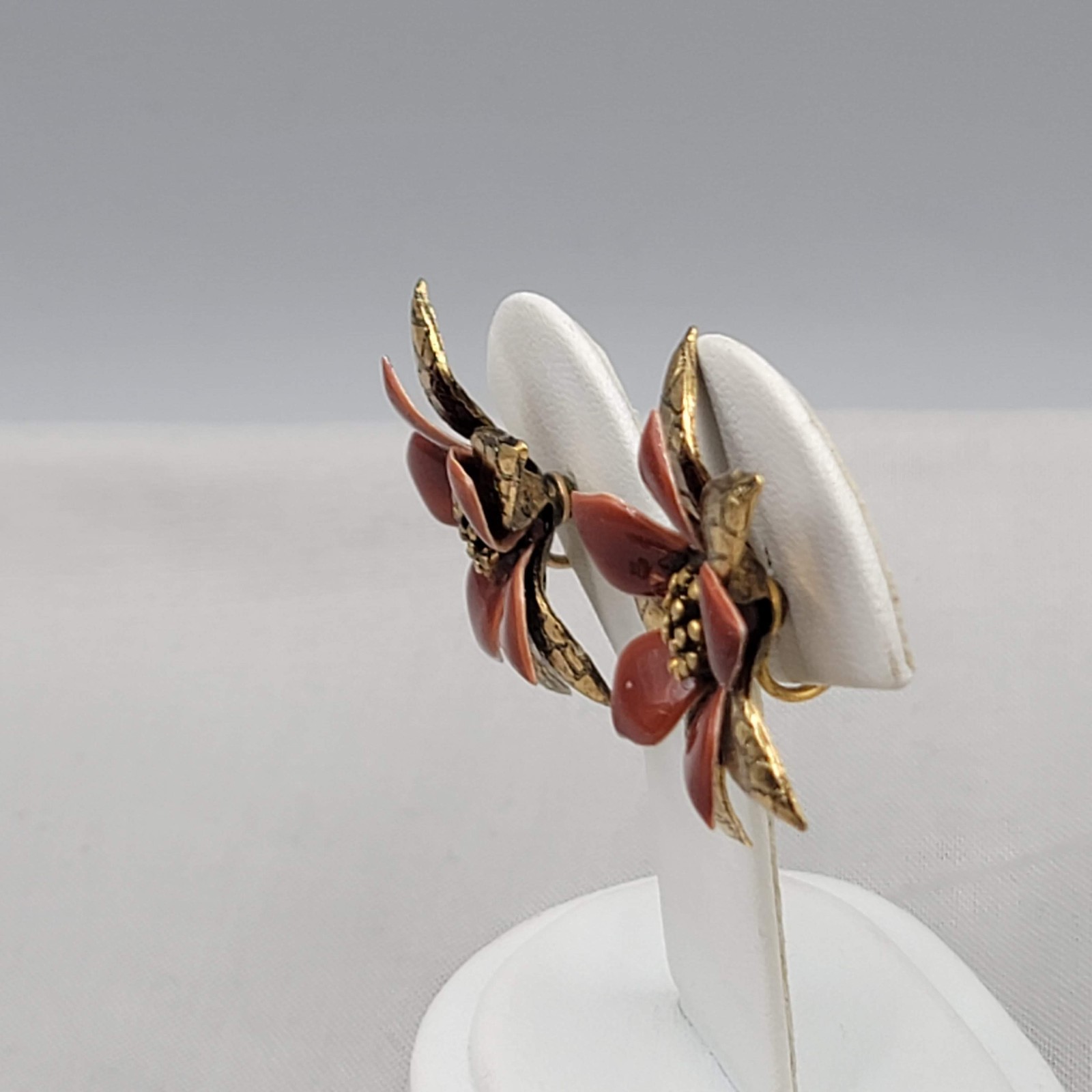 Vintage Red Enamel Flower Brooch and Clip on Earring Set Gold tone Estate