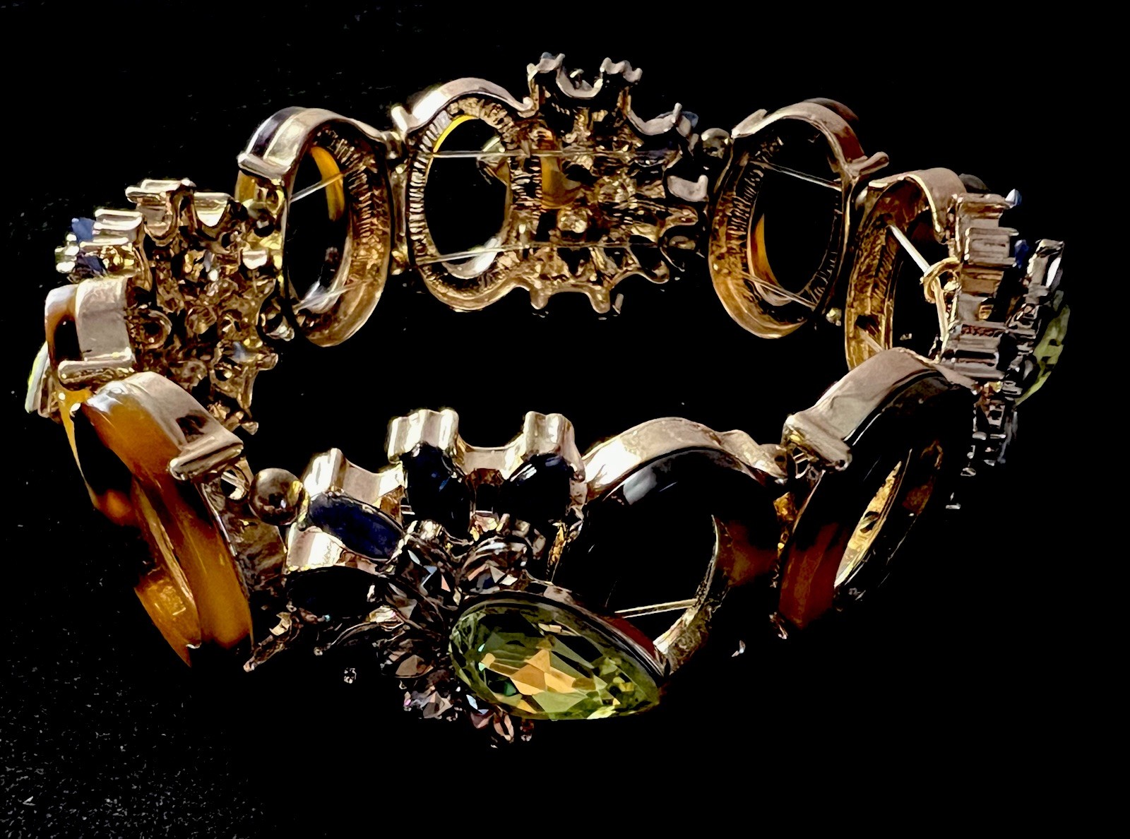 Vintage Oval Tortoise Shell Peridot Green Crystal & Blue Stretch Band Bracelet