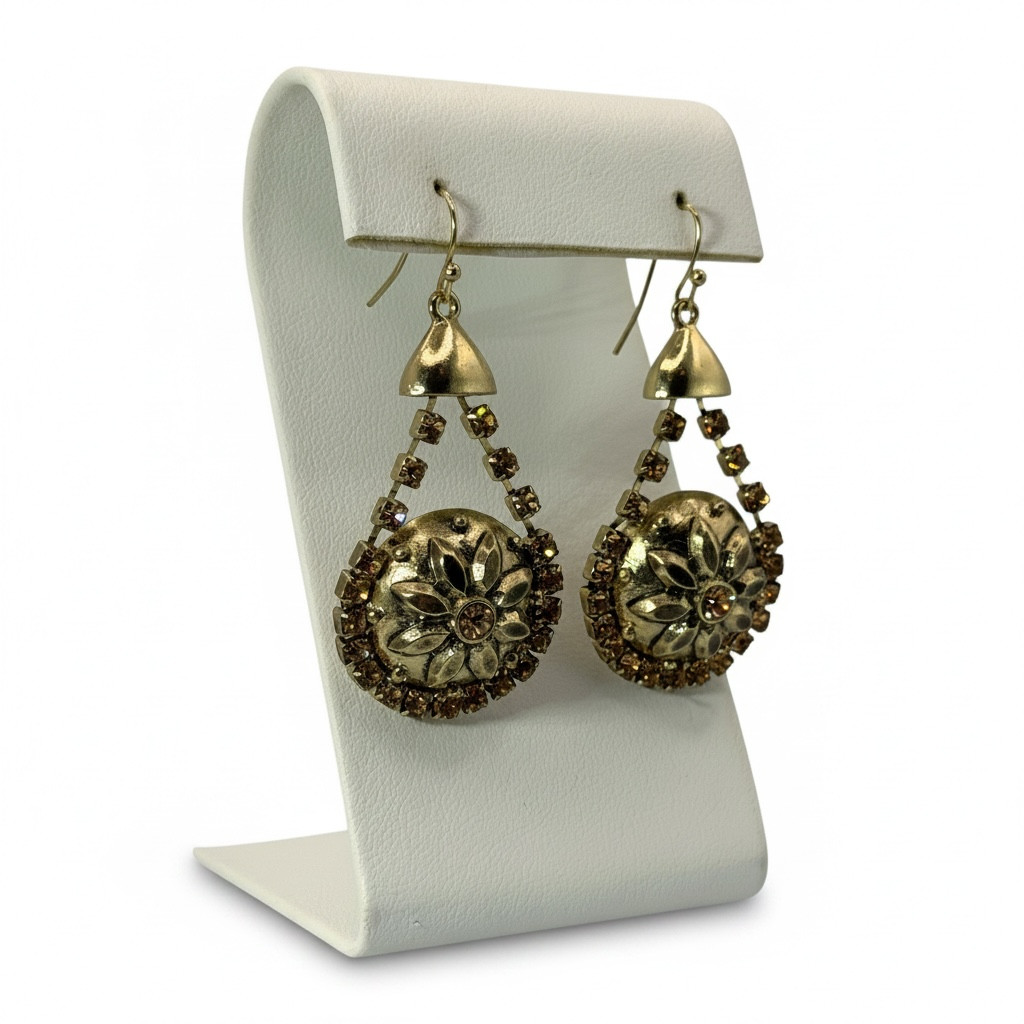 NOS Vintage Chandelier Earrings – Antique Bronze Tone – Champagne Rhinestones