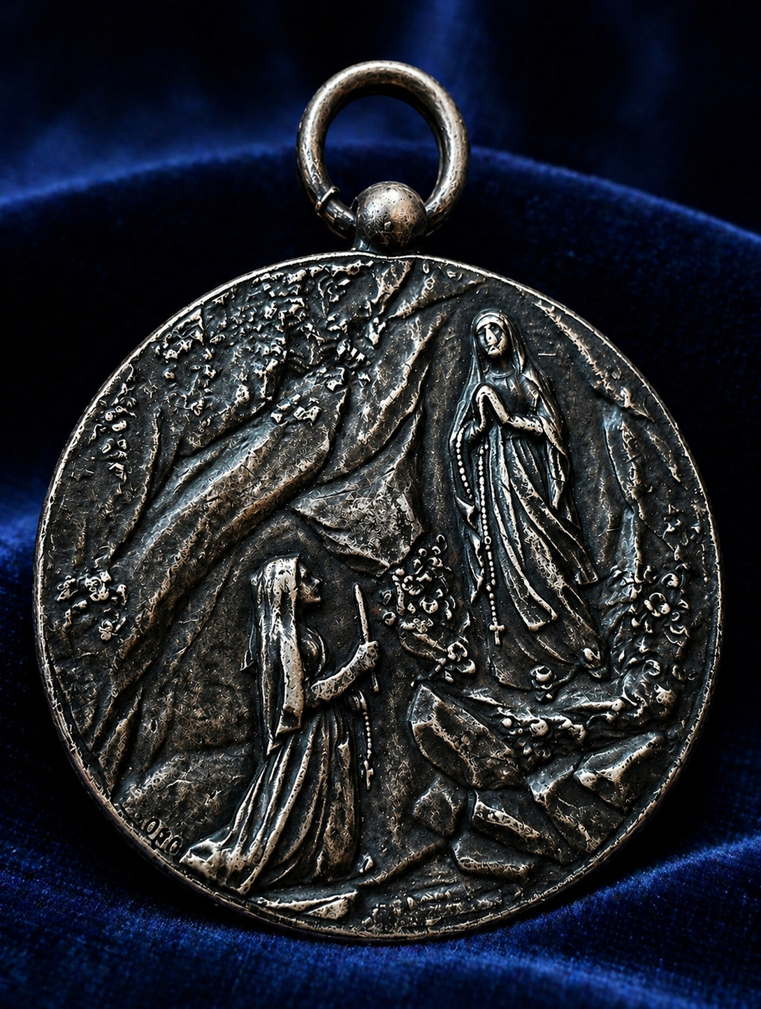 Large Antique Solid Silver Religious Medal Virgin Mary Angel Scene 19thC French
