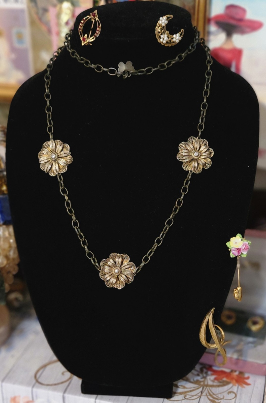 VTG Silver (tested) Filigree Flower Station Charms On Bronze-tone Chain