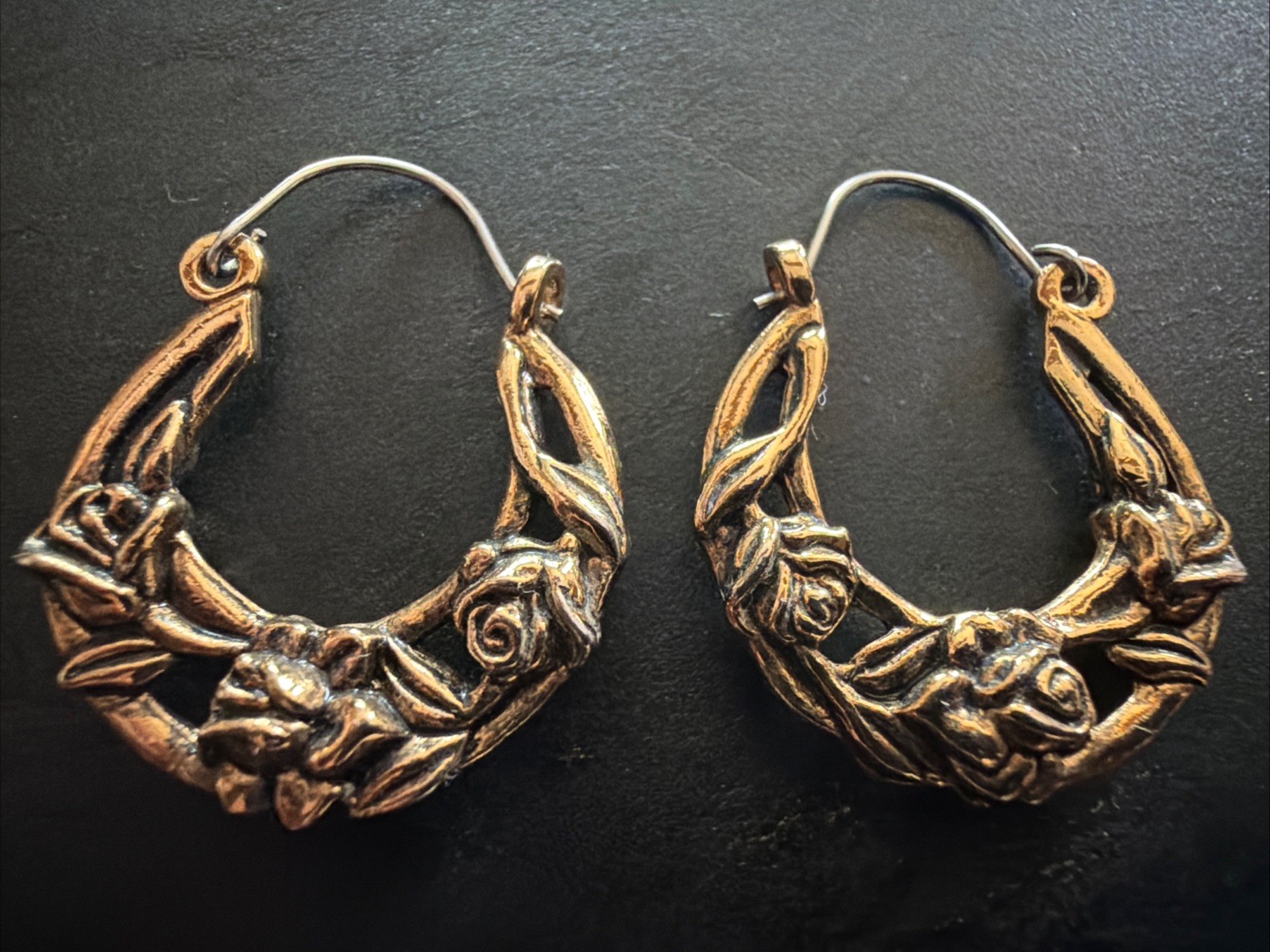 Vintage Avon Mid Century Mod Antiqued Golden Rosette Hoop Pierced Earrings