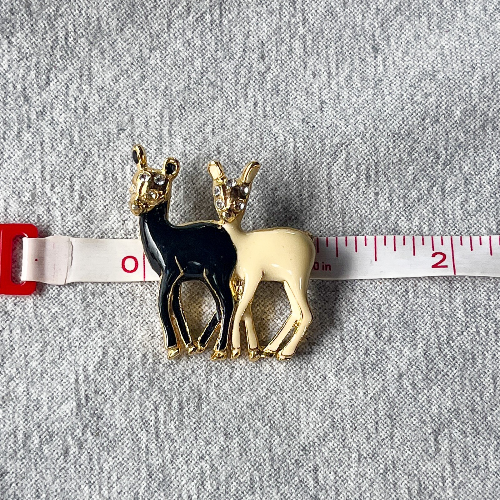 Ebony & Ivory Enamel Deer Brooch Rhinestone Gold Tone Animal Pin Costume Jewelry