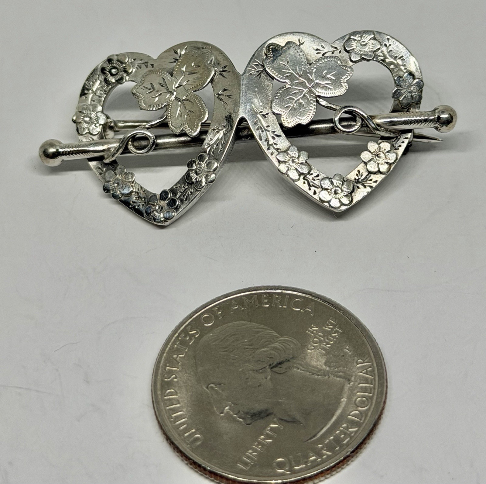 Victorian Sweetheart Entwined Hearts & Clover Sterling Hallmarked Brooch 1891