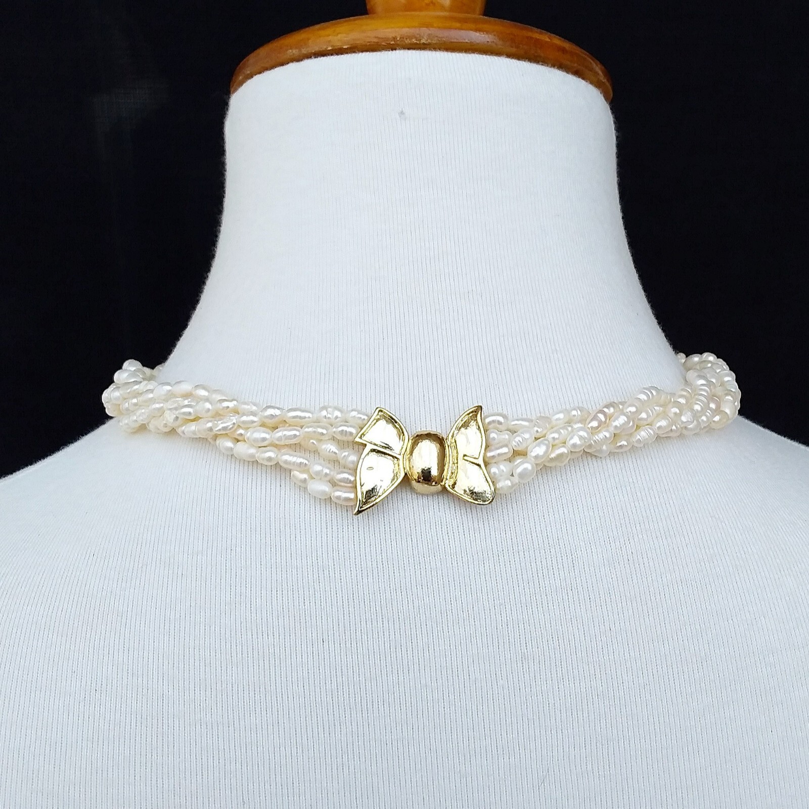 Freshwater Rice Pearls Multi Strand Necklace White Gold Tone Bow Clasp 16.5in