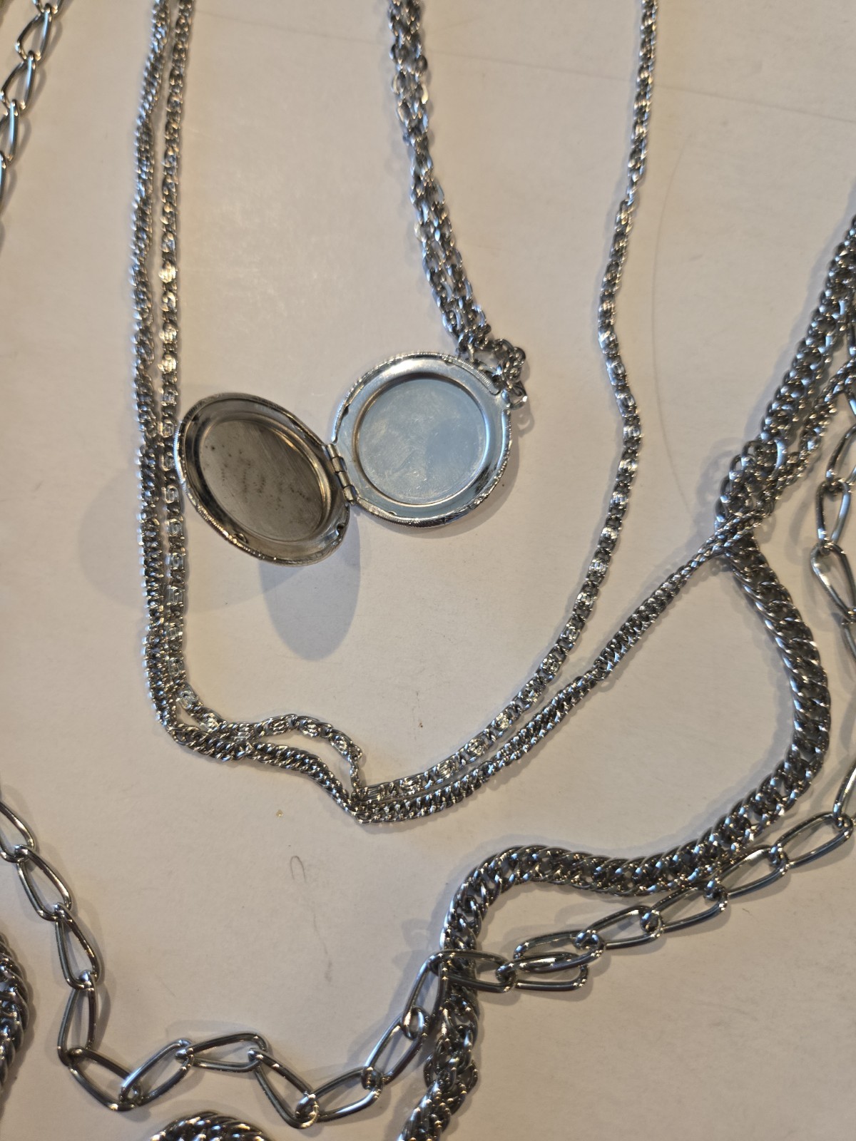 VINTAGE Multi Layer Strand Chain Necklace ROUND LOCKET PENDANT Long SILVERTONE