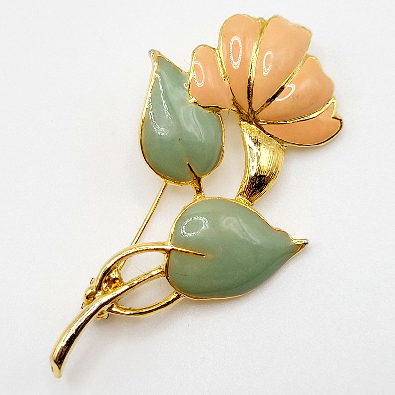 MCJ Poppy Peony Broad Blossom Flower Peach Light Green Enamel Gold Tone Brooch