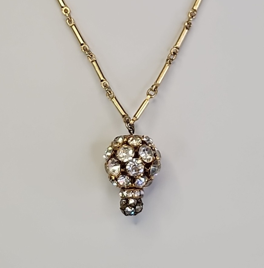 Vintage Rhinestone Ball Necklace Gold Tone Bar Link Chain 19″