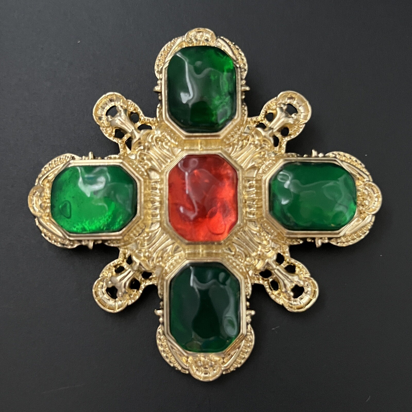 Gripoix Style Poured Resin Maltese Cross Brooch Pin Gold Red Green Ornate