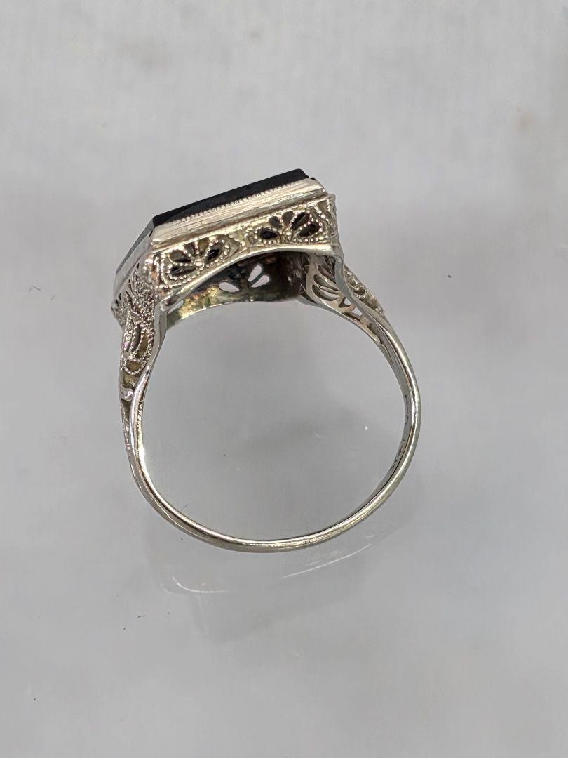 Victorian 14k White Gold Filigree Diamond & Black Onyx Ring Size 4.75