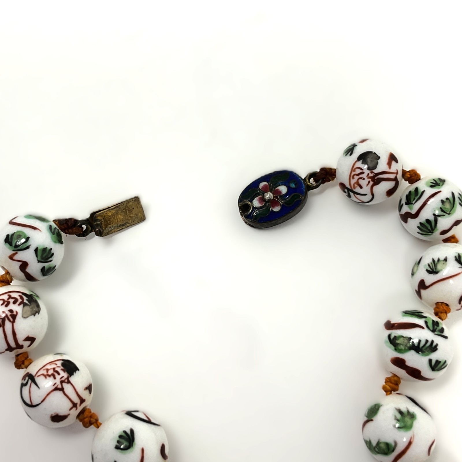 Vintage 1920s Knotted Necklace w Hand-Painted Crane Porcelain Beads Inlaid Clasp