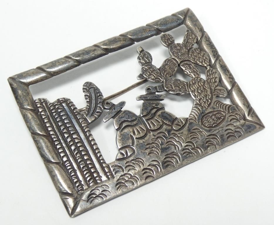 Mexican 980 Silver Brooch 2in Siesta Men Cactus Scene Handmade 17.1g Fine VTG
